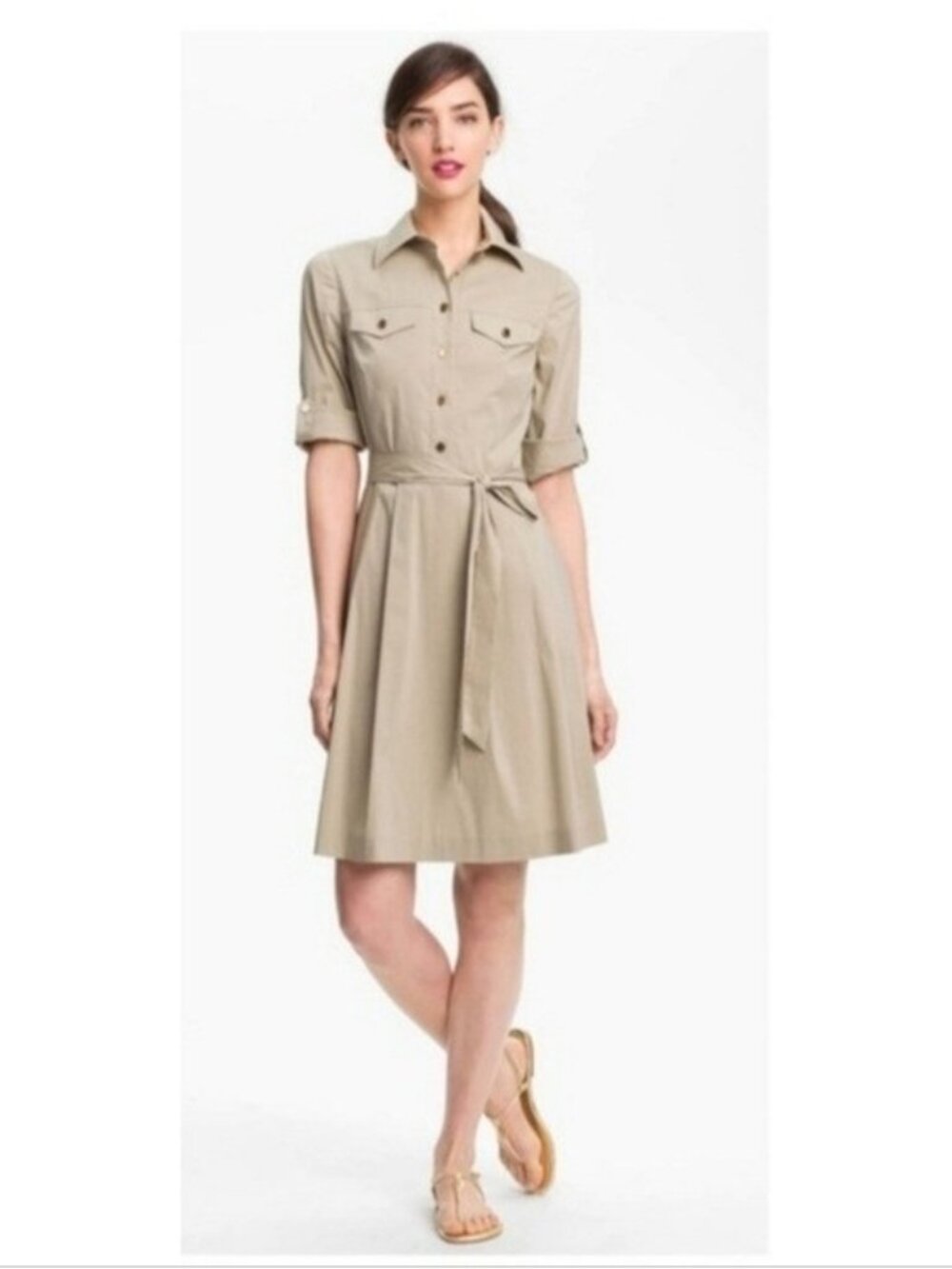 Tory Burch Blythe Khaki Safari Shirt Dress Size 8 Gold Buttons Pleated Designer